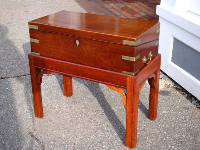 A Wonderful brass bound 'Campaign' style mahogany lap desk circa 1830 on a custom made stand — image 5